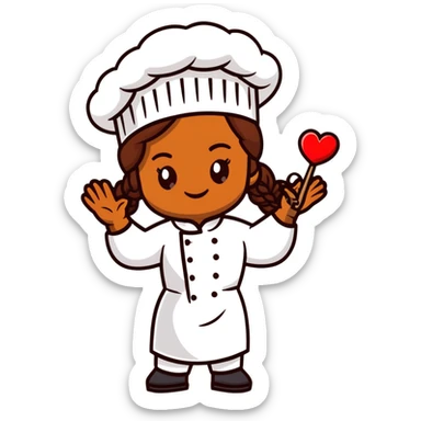 Brown-skinned female chef with long braided brown hair, wearing a chef's hat, with both an angel halo and devil horns, making a heart shape with her hands sticker