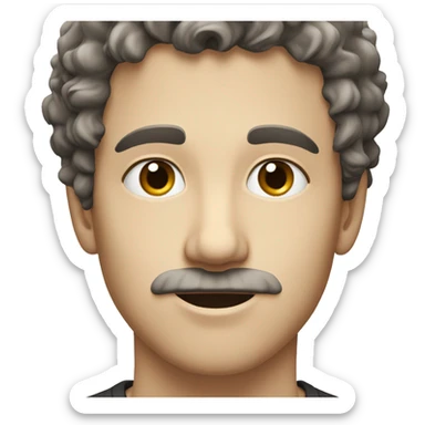white young guy face with dark curly wolfcut and slightly visible moustache sticker
