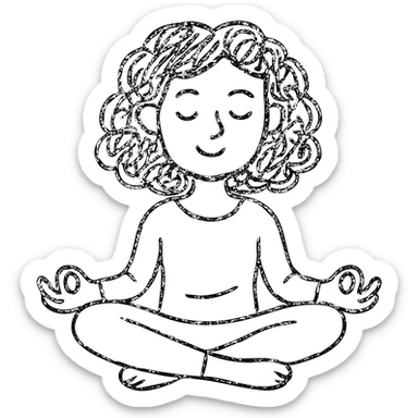 brunette girl with curly hair meditating, sitting cross-legged, hand drawn outlined icon sticker