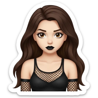 a pretty bratz fair girl with brown long hair styled well, looking like a baddie in a fishnet top and dark brown hair and black lipstick sticker