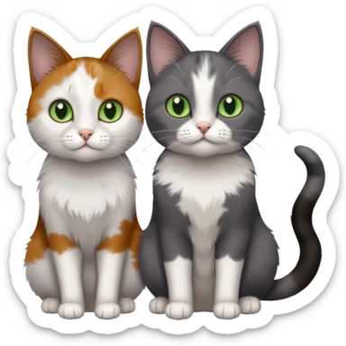3 different coloured small cats including a dark grey and white, and a patchy calico with hazel eyes and a completely solid dark grey with green eyes and only white paws sticker