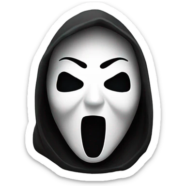 “Apple emoji of Ghostface: white mask with a screaming expression, dark eyes, and a black hooded cloak.” sticker