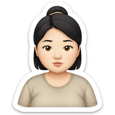 chubby asian waman round eyebrow medium black hair casual shirt sticker