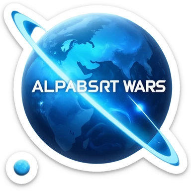 The image is a sci-fi poster with glowing blue text that reads “ALPHA ORIONIS WARS.” A bright blue planet or star glows at the bottom, and the word “STARBLAST” appears below. The design has a futuristic, space-themed look. sticker