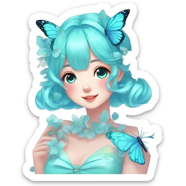 Gorgeous Shiny Pastel cyan Anime-Style Lady Butterflies flower petals leaves cottagecore fairycore pastelcore kawaii aesthetic trending style sticker