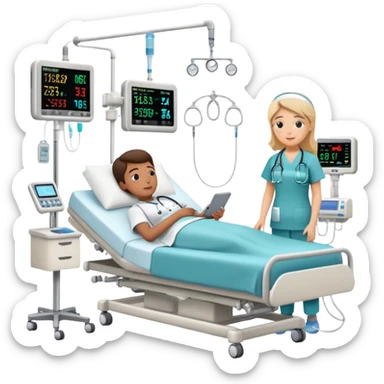 Hospital sleep laboratory room with patient in hospital bed connected to sleep monitoring equipment, nurse checking vitals, medical charts, and hospital IV stand sticker