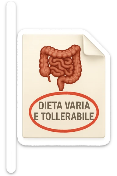 emoji stile iphone di un foglio con un INTESTINO disegnatO sopra e la scritta "DIETA VARIA E TOLLERABILE" CERCHIATA IN ROSSO, iperrealistico 4k, isolato su sfondo bianco sticker