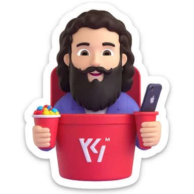 KFC bucket with a green M&M character sitting inside it, the M&M has a black beard, curly hair, and is holding an iPhone sticker