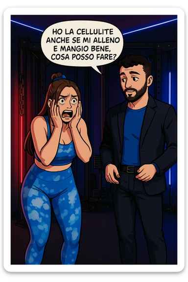 TRASFORMA QUESTO CAROSELLO IN UN FUMETTO STILE WEBTOON/MANGA A COLORI CON QUESTE DUE PERSONE IDENTICHE CHE INTERLOQUISCONO TRA LORO, LA DONNA è DISPERATA CON LE MANI SULLE GUANCE E STA DOMANDANDO TUTTA AGITATA UNA COSA ALL'UOMO:

LEI (DONNA): Ho la cellulite anche se mi alleno e mangio bene, cosa posso fare? sticker