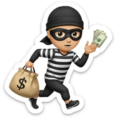 running robber wears black eye mask, black beanies and black and white stibes shirt with one brown money bag beside him sticker