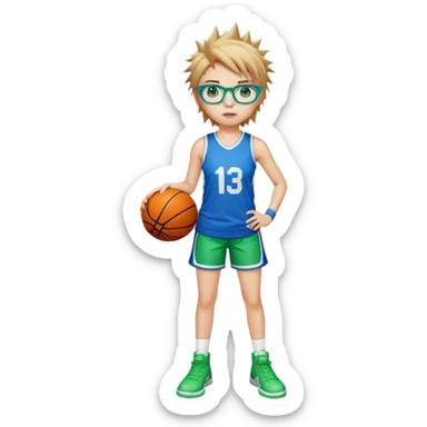Full Body white Girl with basketball spikeyshort brown hair with blond highlights wearing blue glasses with green eyes sticker