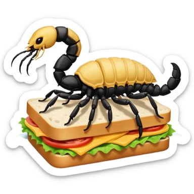 MAKE A SCORPION ON TOP OF A EHITE FLUFFY CLOUD THAT IS HOLDING A SANDWICH IN ITS CLAW AND LOOKING LIKE ITS EATING IT AND ITS NOT ON TOP OF THE SANDWICH ITS HOLDING IT AND NO SANDWICH UNDER ITS FEET sticker