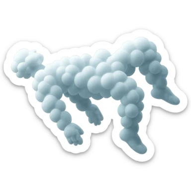 side view unconscious person flying with torso upwards, legs and arms downwards, made of small very bright white fluffy convex clouds, matte glass style sticker