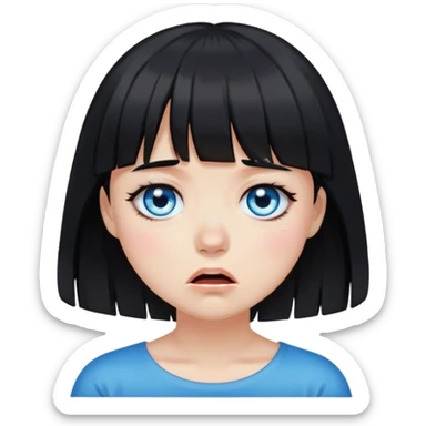 Girl crying wearing black with black medium length hair with bangs and blue eyes sticker