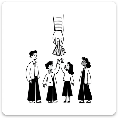 Hand giving money to family members, financial support concept sticker