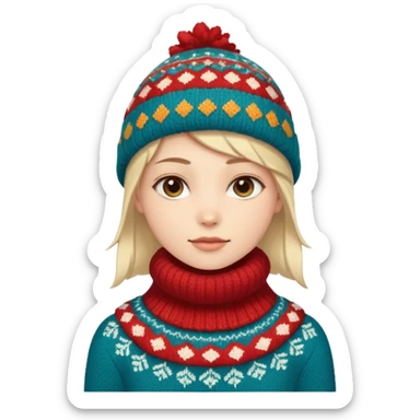 Fantasy human emoji portrait, knitted winter collar with simple pattern, festive but subtle look, warm colors, minimal fantasy style, clean emoji design, male/female variant
 sticker