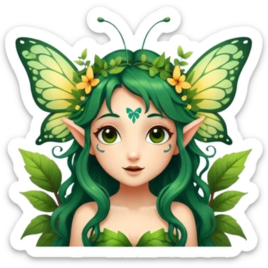 Cinematic Realistic Forest Nymph Fairy portrait, with butterfly wings and head tilted playfully and inquisitively, showcasing a nature-inspired form with intricately detailed, sunlit tanned skin and cascading dark green hair interlaced with leaves and blossoms. Her bright, curious eyes sparkle with forest mischief, rendered with lifelike clarity and warm, dappled lighting that captures the spirit of an enchanting woodland fairy ready to dance among the trees. sticker