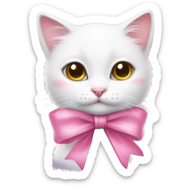 Cute white cat with a silk pink bow around her neck  sticker