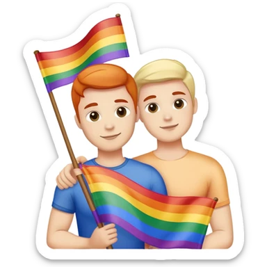Gay men holding a pride flag sticker