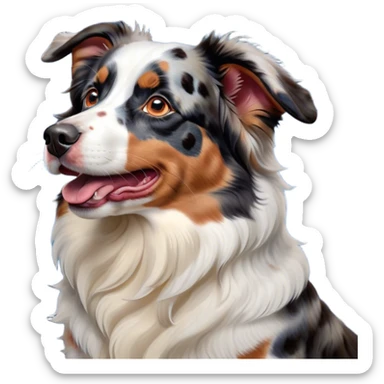 Cinematic Cute Yawning Calico Australian Shepherd Portrait Emoji, Head tilted slightly with a dramatic, wide-open yawn, predominantly white coat with vibrant black, tan, and red calico merle patches, floppy ears slightly drooping, round blue eyes barely open in drowsy contentment, Simplified yet irresistibly adorable features, highly detailed, glowing with a soft, cozy glow, high shine, relaxed yet expressive, stylized with a touch of whimsy, bright and endearing, soft glowing outline, capturing the essence of a sleepy yet affectionate pup, so drowsy it feels like it could stretch right out of the screen and curl up for a nap! sticker