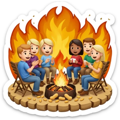 Born fire and people sitting beside born fire on chairs eating peanuts. Born fire is in the centre sticker