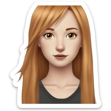 White fair skin, long hair, woman, feminine, straight hair in a wolf haircut, ginger coloured hair, grundge aesthetic, beautiful face, British, stylist, aesthetic, side bangs, front bangs sticker