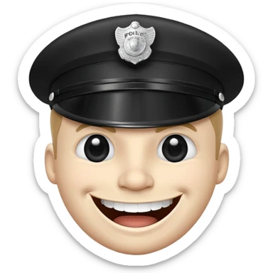 Black-and-white line drawing of a cartoon face with a round head, large round eyes, and a wide toothy grin showing a big happy smile. He is a police officer stopping you. Plain white background, simple and playful style. sticker