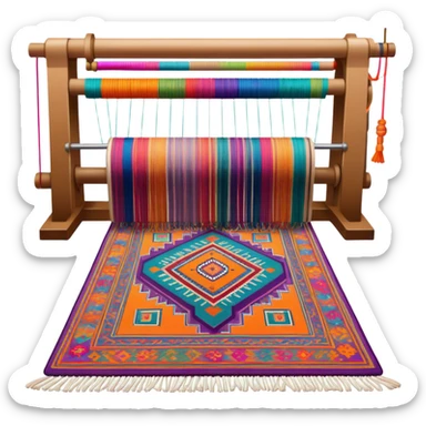 Carpet weaving icon, finished woven carpet with intricate patterns, colorful threads, weaving loom in background, minimalistic style, clean lines, transparent background. sticker