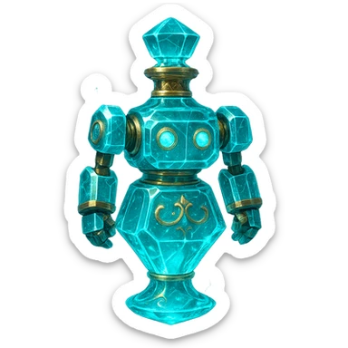 crystal luxurious elixir bottle in robot shape, cyan color, lots of glowing, edges, ornaments, golden details, magical effects, very small golden collar, transparent background, beautiful merging base, clearly floating in the air, no base or shadow, very luxurious, futuristic, matching the collection sticker