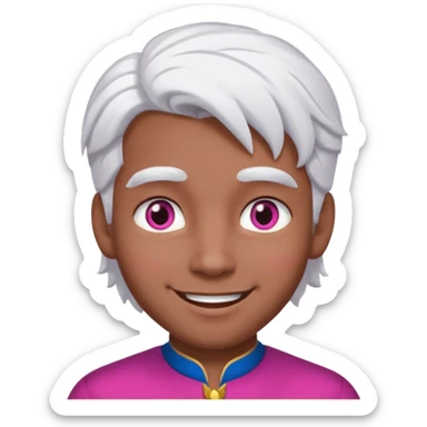 Um homem jovem sem barba, de pele parda, com cabelos médios e brancos como neve, e olhos de iris rosa pink sorrindo sticker
