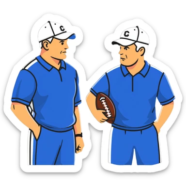 2 football coaches talking wearing caps and athletic clothing sticker