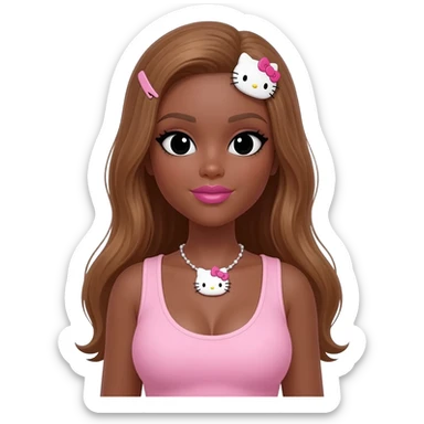 my melody hairclip, Doll faced shaped, hello kitty necklace, bimbo, black doll eyes, Big lips barbie, long dark brown skin with honey brown hair, light pink sleeveless shirt, big breast sticker