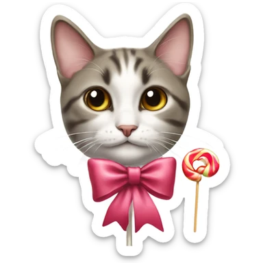 cat wearing a bow eating a lollipop sticker