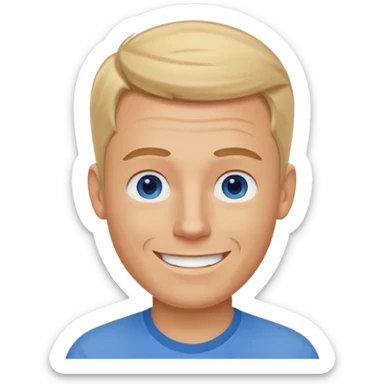 White man, blue shirt, blue eyes, 30s, smiling no teeth, buzzed sandy blond hair  sticker