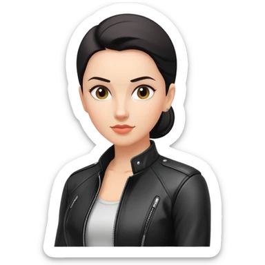 woman with oval-shaped flat-top head wearing a tight-fitting elbow-length black leather jacket sticker