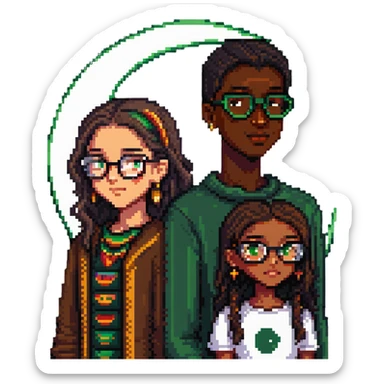medium height beautiful Mexican girl next to a dark-skinned boy with glasses, green-brown eyes, and a crescent moon scar on his chin, pixel art style sticker