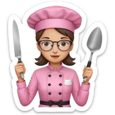 female italian chef, pink uniform, wearing glasses, holding knife sticker