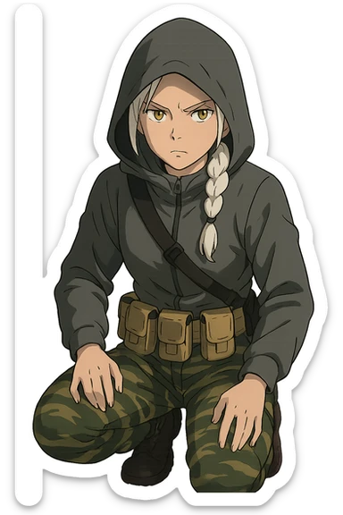 1 female, mid-20's  white hair long braid, gold yellow eyes, gray waterproof tactical shirt hoodie, hood up, single point sling, tan mag pouches on belt rig, tiger stripe camo pants, kneeling, stern focused expression sticker