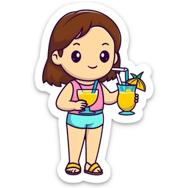 Very tan skinned girl with brown hair wearing a summer outfit sipping a piña colada sticker