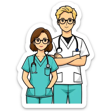 Woman with brown hair and glasses in Scrubbs next to a man with blonde hair and a black shirt sticker