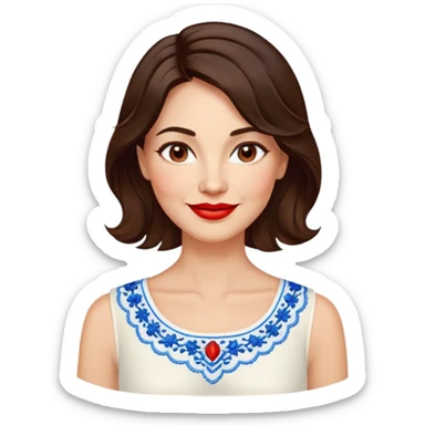 Confident 40-year-old woman with healthy glowing skin, round cheeks, warm smile, expressive light brown eyes, red lipstick, wavy dark brown shoulder-length hair, summery white top with blue embroidery and electric blue neckline sticker