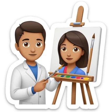 Artist with a paintbrush in front of an easel with a painting sticker