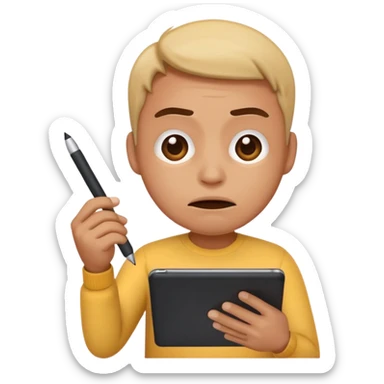emoji holding and drawing on tablet using a stylus, looking down at screen in frustration sticker