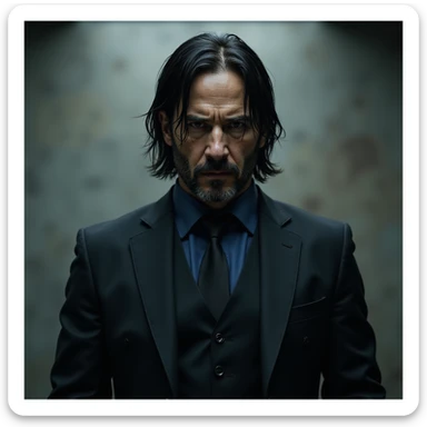 John Wick, action hero, dark suit, intense expression, realistic style sticker