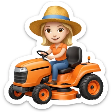 White woman without glasses wearing a straw hat, on orange ride on lawn mower.  sticker
