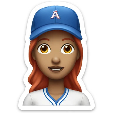 front facing standing up female coach with long red hair, wearing a white t-shirt and a simple baseball blue hat sticker
