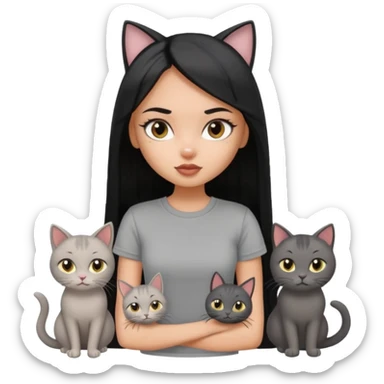 a pretty bratz dusky girl with long straight hair with four cats nd wearing a grey tshirt sticker