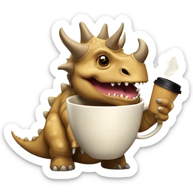 Tan triceratops with 3 horns and a cup of coffee sticker