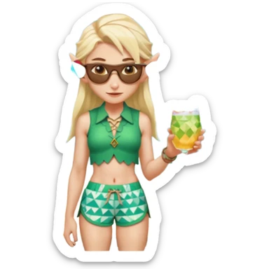 elf female legolas portrait, patterned board shorts (geometric/abstract), unique wooden-framed sunglasses, undercut hairstyle, slight smirk, visible pointy ears, no background, centered emoji, hipster summer vibe coctails  sticker