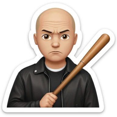 Bald Russian 1990s gangster emoji, leather jacket, , serious angry face with a bat sticker